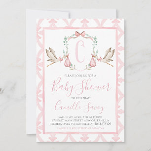 Rosa Stork Girl Baby Shower Preppy Southern Inbjudningar