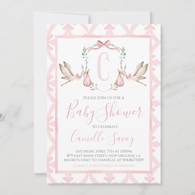 Rosa Stork Girl Baby Shower Preppy Southern Inbjudningar (Skapare uppladdad)