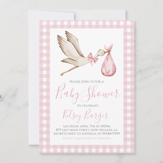 Rosa Stork Girl Preppy Southern Baby Shower Inbjudningar (Framsida)