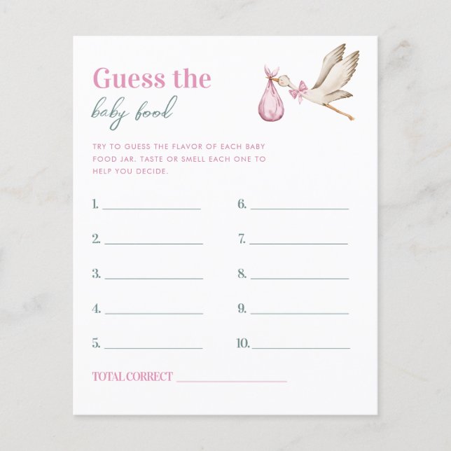 Rosa Stork gissar Baby Food Baby Shower Game (Framsida)