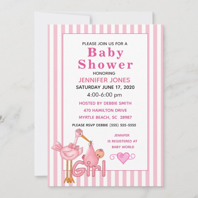 Rosa Stork med inbjudan till babyduschar i Baby-pa (Framsida)