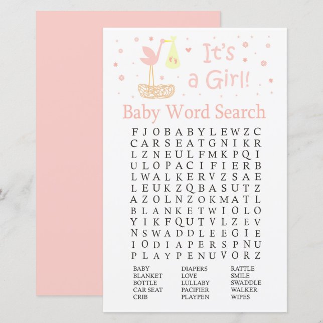 Rosa Stork nest Baby Shower Ord Search-spel (Fram/baksida)