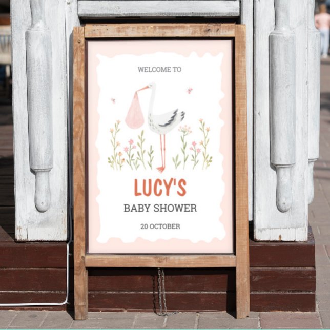 Rosa Stork Watercolor Flicka Shower Poster (Skapare uppladdad)