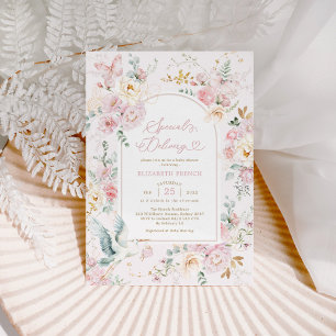 Rosa Stork WildblommGirl Baby Shower Inbjudningar