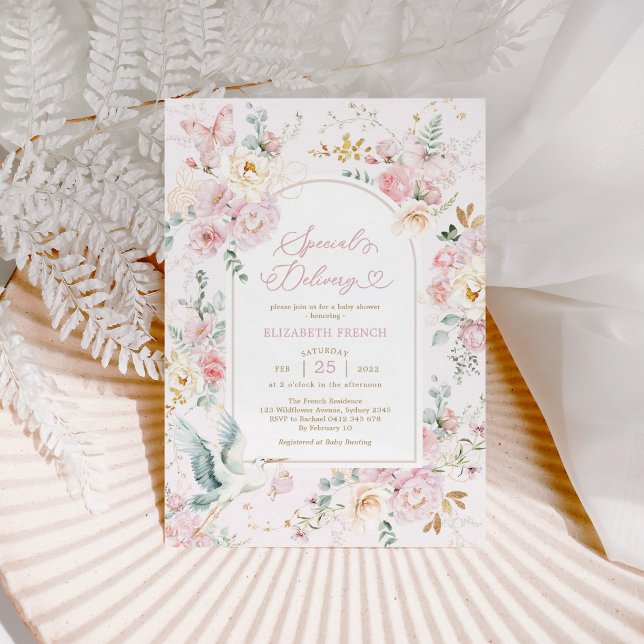  Rosa Stork WildblommGirl Baby Shower Inbjudningar (Skapare uppladdad)