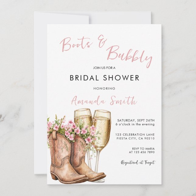 Rosa stövlar & Bubbly Champagne Bröllopsfest Inbjudningar (Framsida)