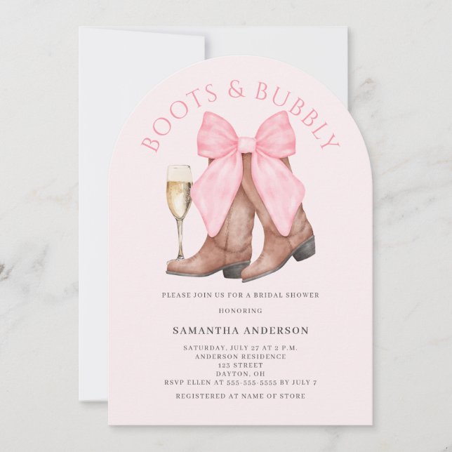 Rosa stövlar Bubbly western bröllopsdusch Inbjudningar (Framsida)