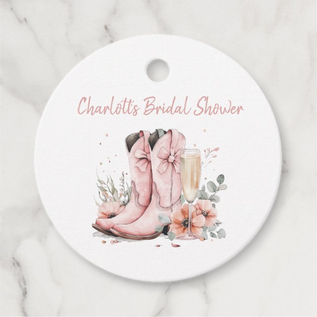 Rosa stövlar och bubblig champagneglas bröllopsdus gåvor etiketter (Framsida)