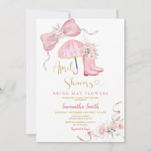 Rosa stövlar och paraply Aprilskurar Baby Shower Inbjudningar