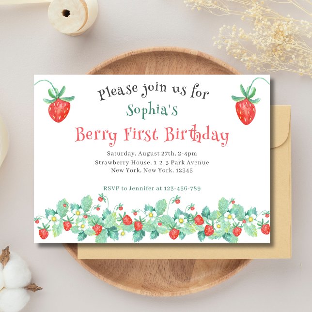Rosa Strawberry Berry Första födelsedag Inbjudningar (Berry First Birthday Party Invitation. Pink Strawberries.)