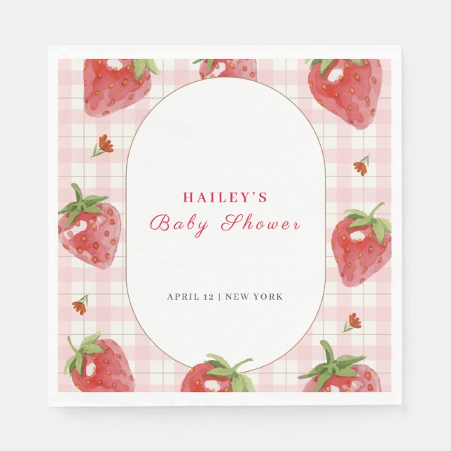 Rosa Strawberry Berry Sweet Gingham Baby Shower Pappersservett (Framsidan)