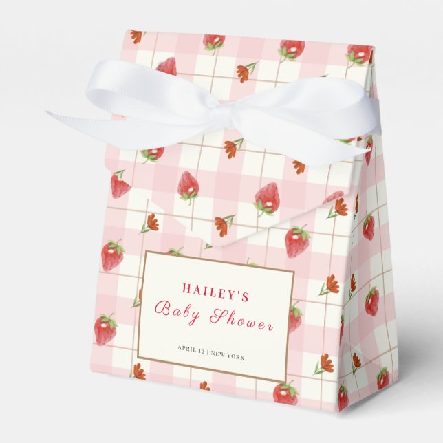 Rosa Strawberry Berry Sweet Gingham Baby Shower Presentaskar (Framsidan Sidan)