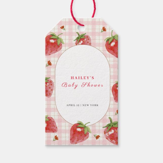 Rosa Strawberry Berry Sweet Gingham Baby Shower Presentetikett (Framsidan)