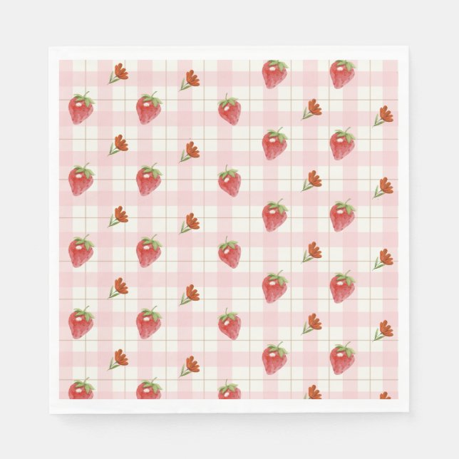 Rosa Strawberry Berry Sweet Gingham Party Pappersservett (Framsidan)