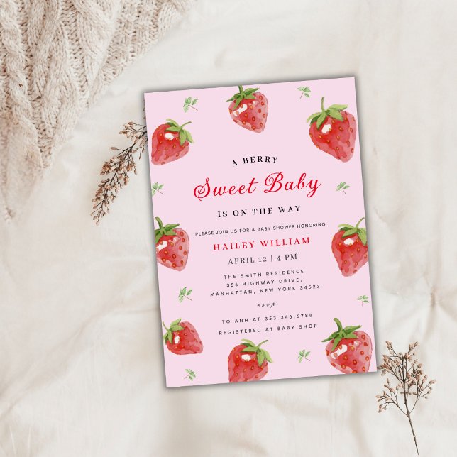 Rosa Strawberry Berry Sweet Girl Baby Shower Inbjudningar (Pink Strawberry Berry Sweet Girl Baby Shower Invitation)