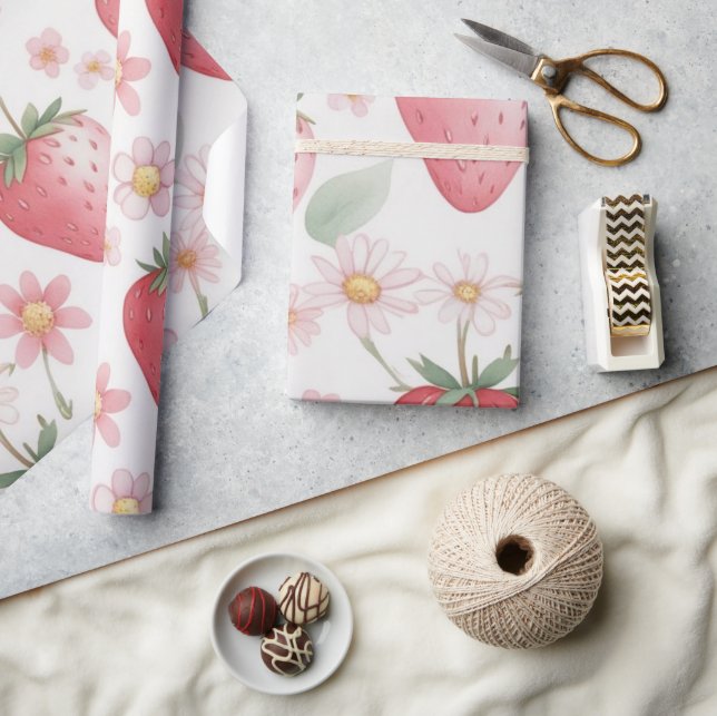 Rosa Strawberry-blommor Födelsedagsfest för henne Presentpapper (Hantverk)