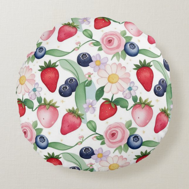 Rosa Strawberry-blommor Födelsedagsfest för henne Rund Kudde (Framsidan)