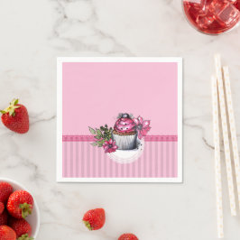 Rosa Strawberry Cuptårta med Rosa Flowers Napkins Pappersservett