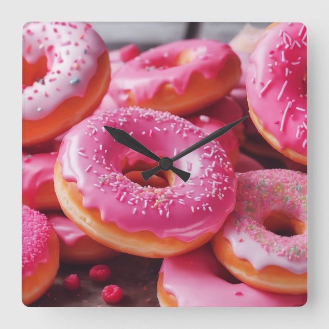 Rosa Strawberry Donuts Fyrkantig Klocka (Framsida)