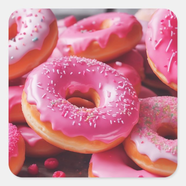 Rosa Strawberry Donuts Fyrkantigt Klistermärke (Framsida)