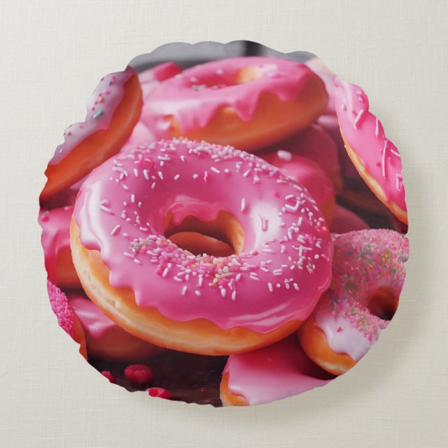 Rosa Strawberry Donuts Rund Kudde (Framsidan)