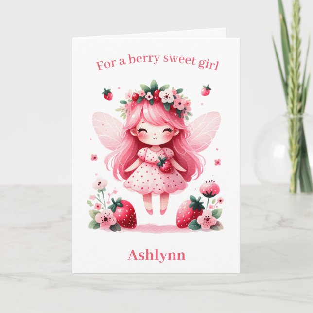 Rosa Strawberry Fairy Berry Birthday Kort (Framsida)