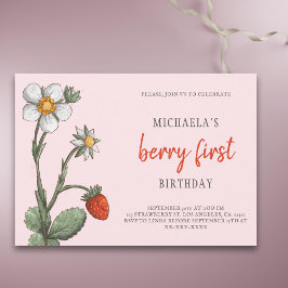 Rosa Strawberry Flowers Berry First Birthday Inbjudningar