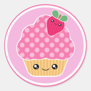 Rosa Strawberry Kawaii Cupkaka Stickers Runt Klistermärke
