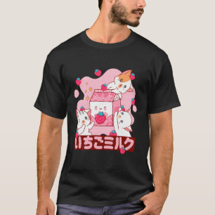 Rosa Strawberry Mjölk japansk Kawaii Cat T Shirt