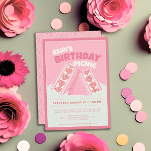 Rosa Strawberry Sandwich Birthday Picnic Party Inbjudningar