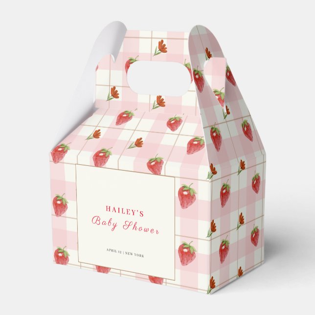 Rosa Strawberry Sweet Gingham Baby Shower Presentaskar (Framsidan Sidan)