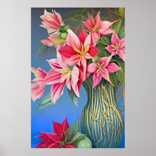 Rosa stripe Amaryllis och Poinsettia Bouquet Poster
