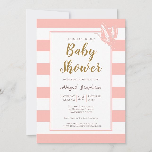 Rosa Stripe Baby Shower Inbjudningar (Framsida)
