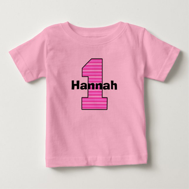 Rosa Stripe First Birthday Girl Shirt Tee Shirt (Framsida)