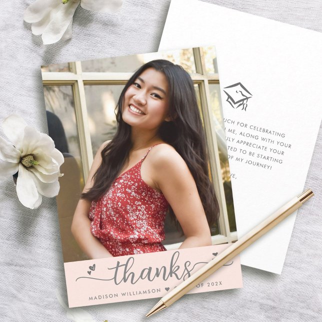  Rosa Studenten Photo Modern Script Hjärtar Tack Kort (Skapare uppladdad)