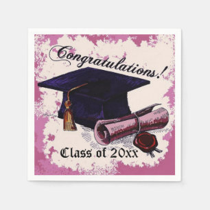 Rosa Studentmössa & Diploma Napkins Pappersservett