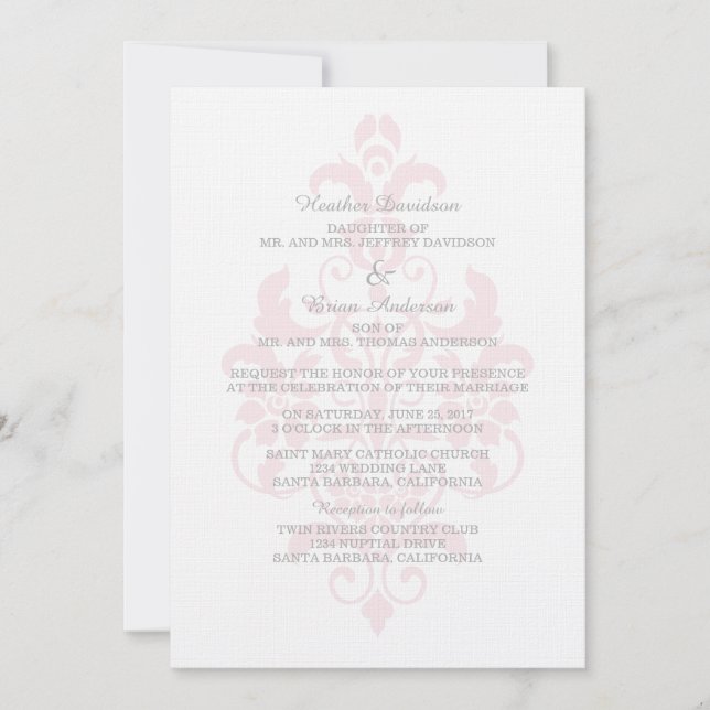 Rosa Subtle Damask Wedding Inbjudan (Framsida)