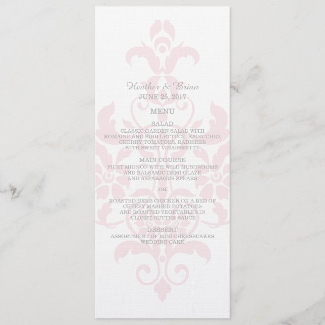 Rosa Subtle Damask Wedding Menu Meny (Framsida)