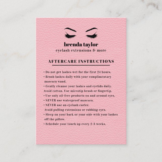 Rosa Suede Eyelash Browbar Aftercare Instructions Visitkort (Framsida)