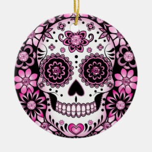 Rosa Sugar Skull Julgransprydnad Keramik