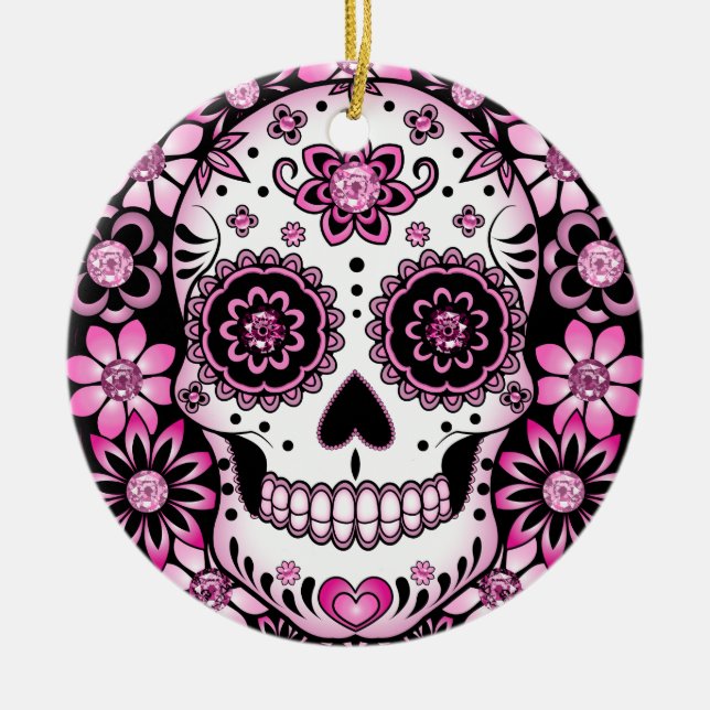 Rosa Sugar Skull Julgransprydnad Keramik (Framsidan)