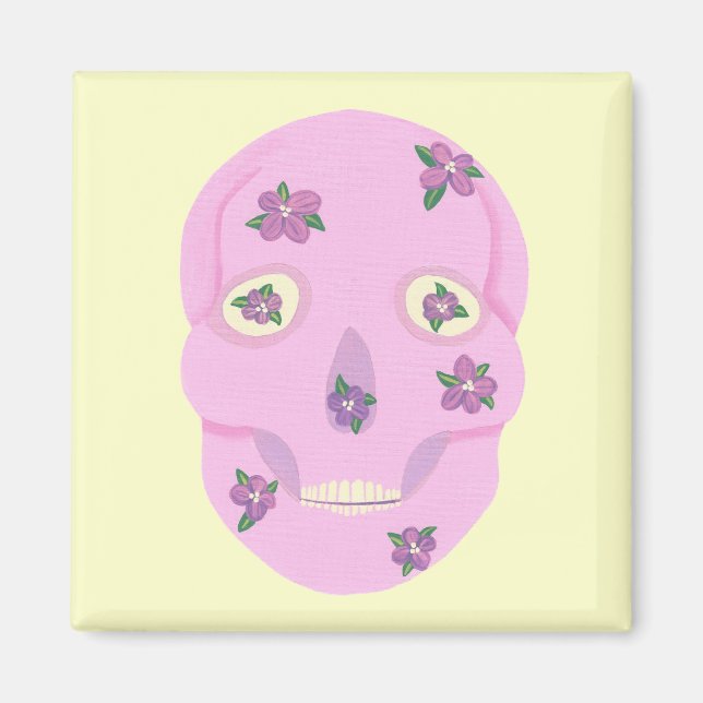 Rosa Sugar Skull med Lila blommor Magnet (Framsidan)