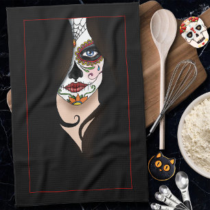 Rosa Sugar Skull Porträtt Kökshandduk