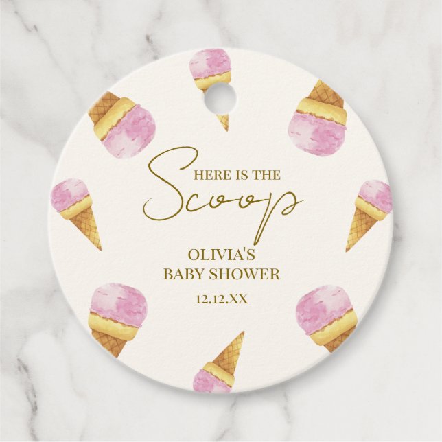 Rosa Summer Scoop Ice Cream Ram Baby Shower Gåvor Etiketter (Framsida)
