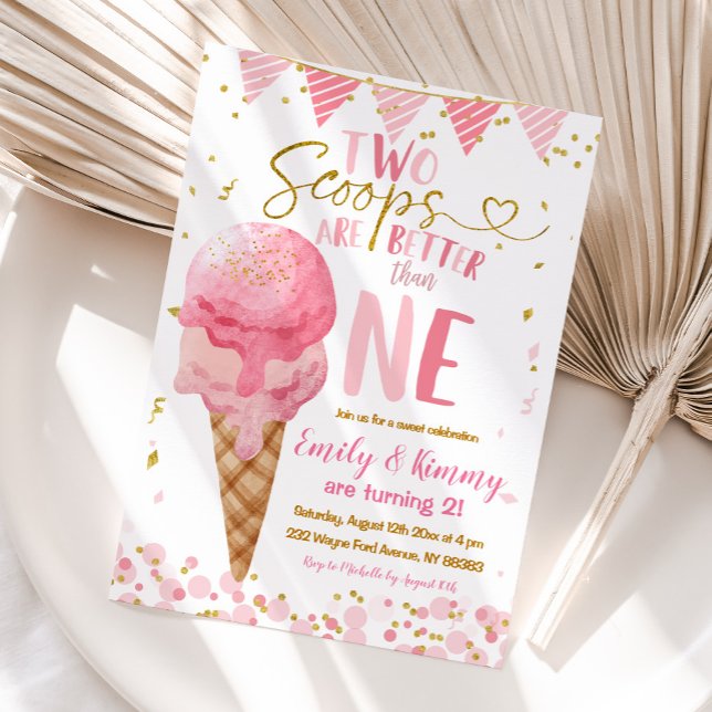 Rosa Summer Two Scoops Ice Cream 2:a födelsedagen Inbjudningar (Skapare uppladdad)