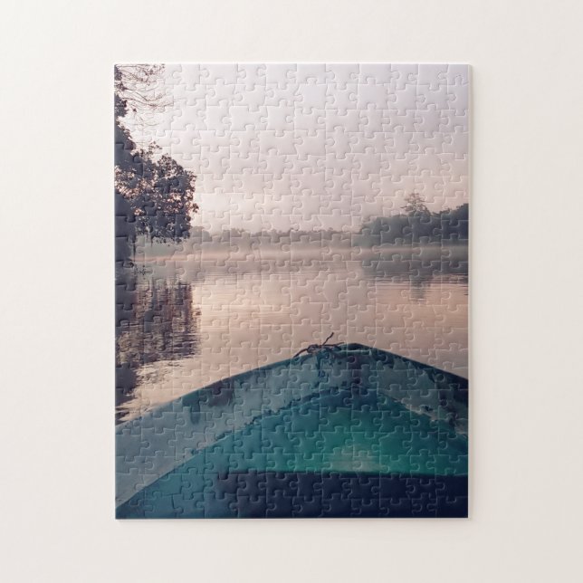 Rosa Sunrise Borneo Jungle River Boat Travel Photo Pussel (Vertikal)