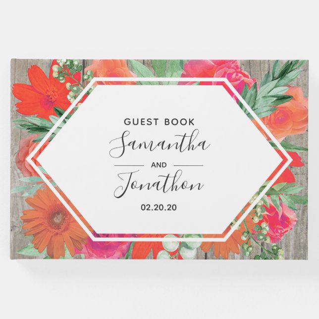Rosa Sunset Bloom Blommigt Ram Bröllop Guest Bok (Framsida)
