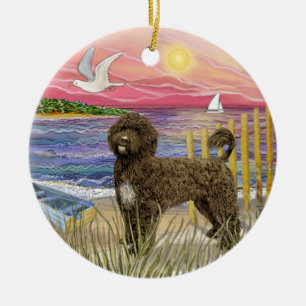 Rosa Sunset - Brown Portuguesa Vatten Hund Julgransprydnad Keramik