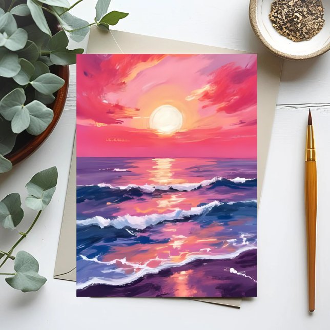 Rosa Sunset Lila Ocean Vågar Watercolor Vykort (Skapare uppladdad)