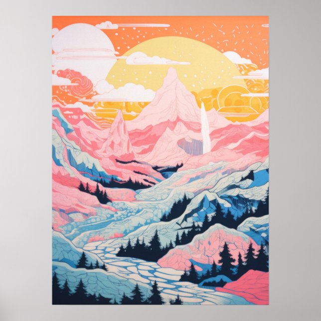 Rosa Sunset Mountains Poster (Framsidan)